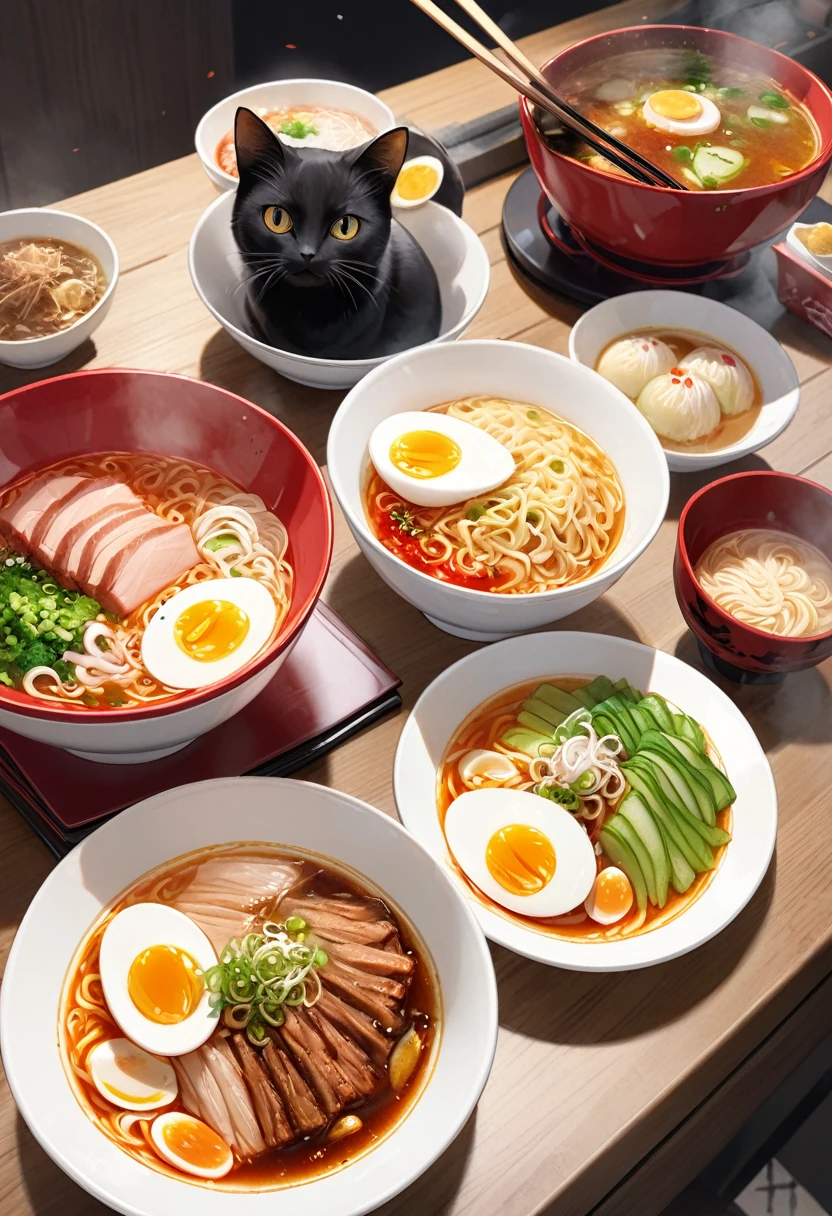 Masterpiece 1.1,Highest quality,8k,Small ramen shop,Counter seats,Ramen in a single white bowl,(The bowl is white,A red saucer under the bowl,Extra large serving of char siu,Boiled egg in ramen,A pile of bean sprouts, enough to cover the noodles,hot々,)Real,Realistic black cat next to ramen 1.4,(1 black cat,The black cat's mouth is white,The black cat's paws have white fur,Very beautiful black cat,The black cat is interested in ramen)A woman behind the counter,The woman is hiding from the chest down behind the counter.,Real,Bangs are blunt,Brown Hair,short hair,30th Generation,Fair skin makeup,Big Eyes,Gloss Lip,T-shirts,Navy blue apron,fine,smile,Glamour,looking at the camera,