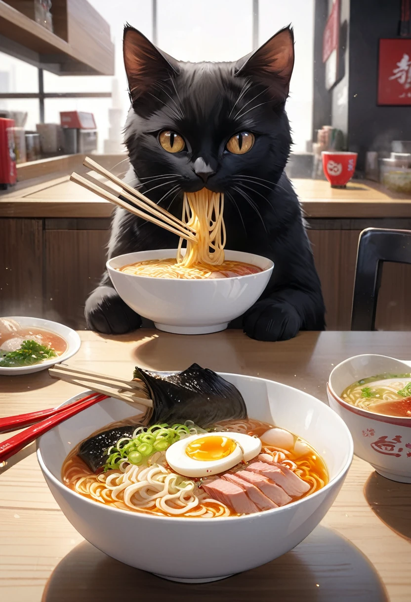 Masterpiece 1.1,Highest quality，8k，Small ramen shop，Counter seats，Ramen in a single white bowl，（The bowl is white，A red saucer under the bowl，Extra large serving of char siu，Boiled egg in ramen，A pile of bean sprouts, enough to cover the noodles，hot々，）Real，Realistic black cat next to ramen 1.4,（1 black cat，The black cat&#39;s mouth is white，The black cat&#39;s paws have white fur，Very beautiful black cat，The black cat is interested in ramen）A woman behind the counter，The woman is hiding from the chest down behind the counter.，Real，Bangs are blunt，Brown Hair，short hair，30th Generation，Fair skin makeup，Big Eyes，Gloss Lip，T-shirts，Navy blue apron，fine，smile，Glamour，looking at the camera，