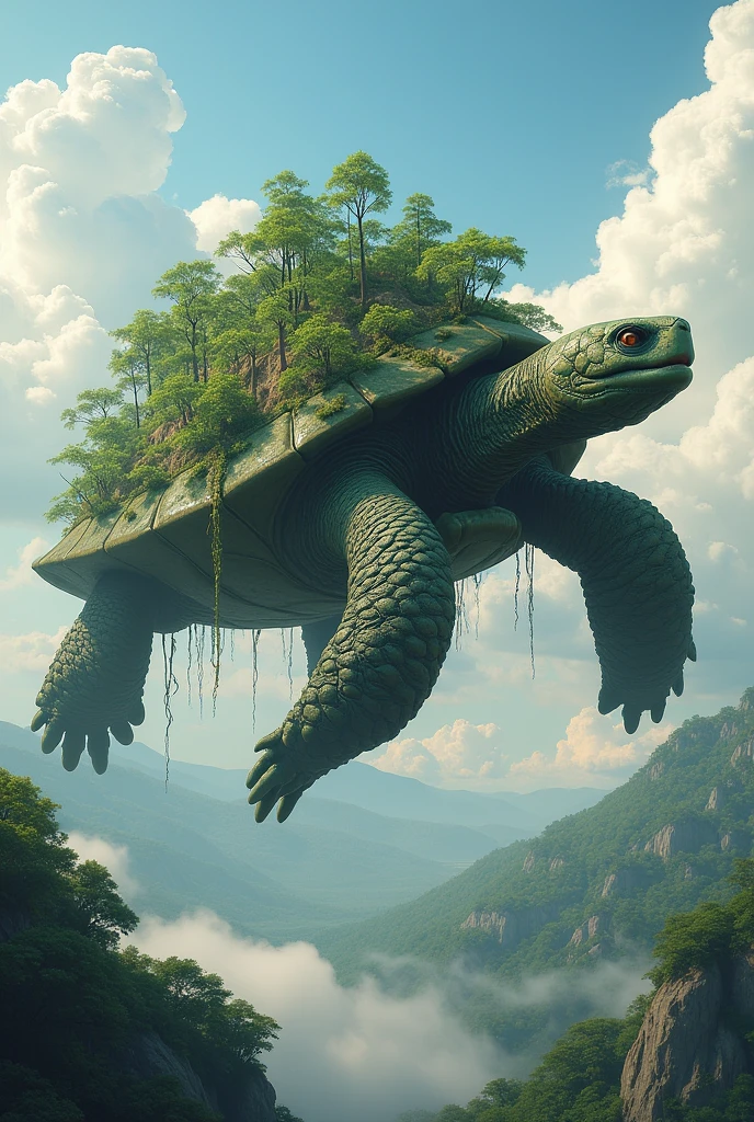 Make a giant flying turtle with a forest on its shell 