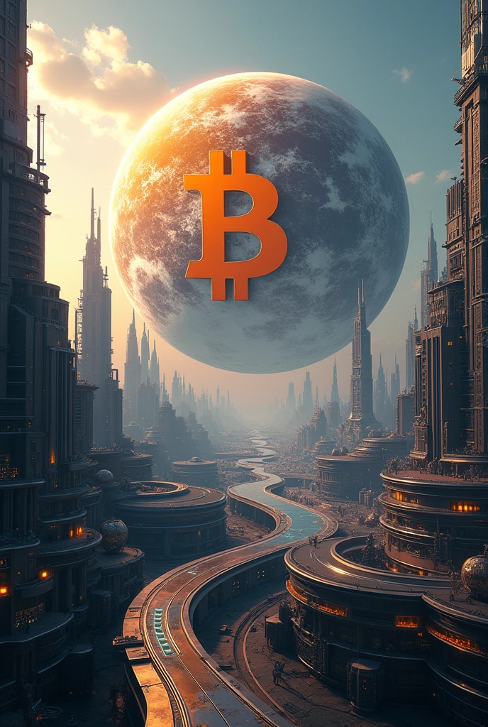 create an image of the futuristic and technological planet with the bitcoin symbol