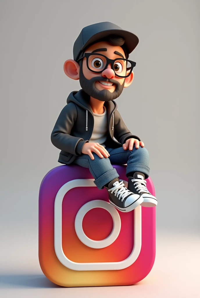 " Create a 3D illustration of an animated character, A man in a black cap, bespectacled man with beard sitting casually on top of social media logo " instagramart". The character should wear modern casual clothes, Clara wears jeans, jaket, tennis.. The background of the image is a social media profile page with username "NN Graphic Design" and a profile picture that matches the animated character. "