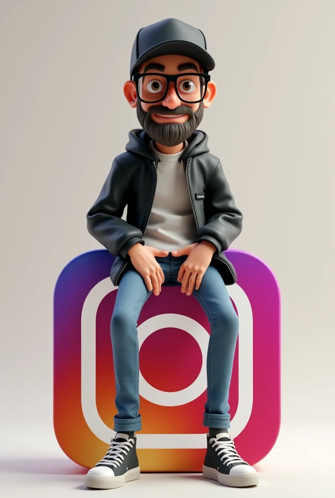 " Create a 3D illustration of an animated character, A man in a black cap, bespectacled man with beard sitting casually on top of social media logo " instagramart". The character should wear modern casual clothes, Clara wears jeans, jaket, tennis.. The background of the image is a social media profile page with username "NN Graphic Design" and a profile picture that matches the animated character. "