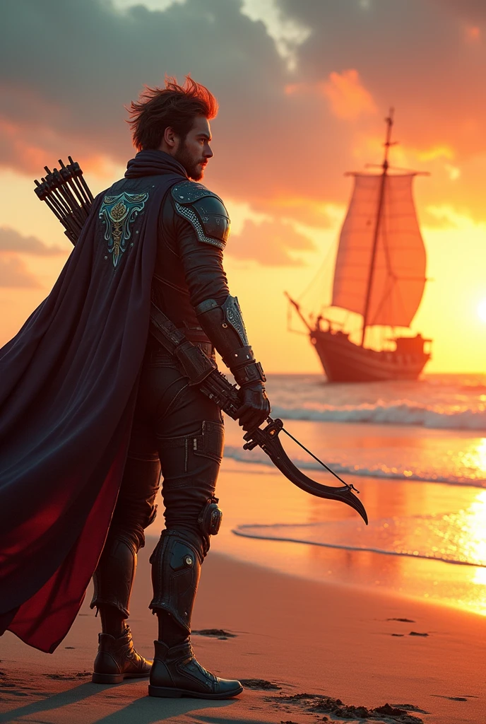 the picture is horizontal, in the foreground there is a sandy shore, it shows in the background of the picture a handsome guy standing in a cyberpunk suit with a cape, his hair tousled by the wind, in one hand a crossbow, standing on the sandy shore, looking up into the distance at an airship sailboat in the cyberpunk style, which against the backdrop of a bright sunset flies over the sea