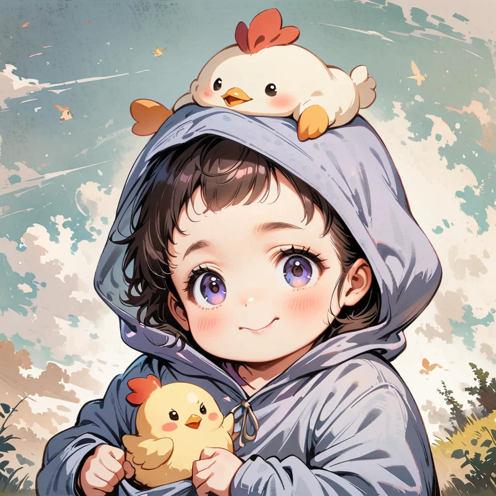 Baby chicken Cute face, wearing purple hoodie