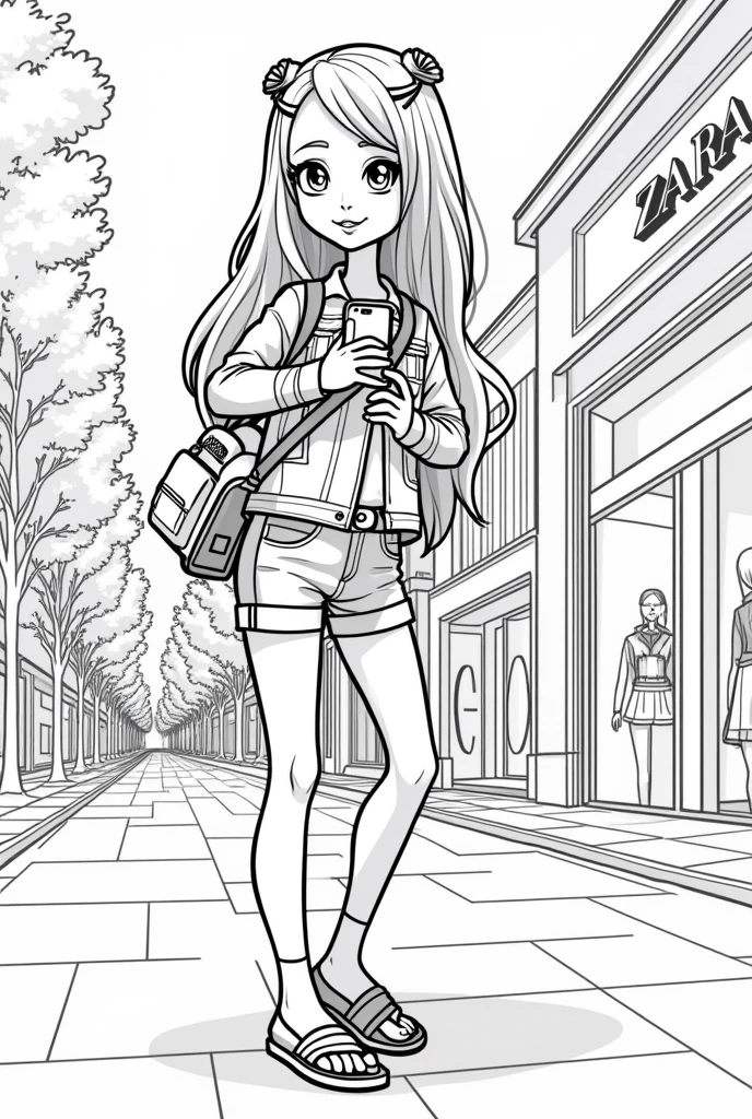 You are the manager of the Zara brand.. Create an illustration for a children&#39;s coloring book: girl in jeans and a denim jacket, Crossbody Bag, in flip-flops on bare feet, long hair with hairpins, She has an iPhone in her hands - she is standing on the street near a shop window with the sign Zara and taking pictures . The illustration is bright, friendly, Stylish, fashionable. 