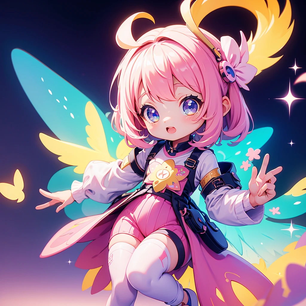 best quality, incredibly absurdres, extremely detailed, 2.5D, delicate and dynamic, chibi, cute girl, wearing baggy clothes, sparkly and vivid color effects, background another dimension