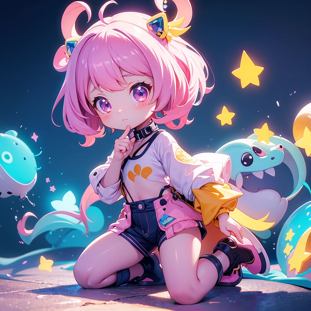 best quality, incredibly absurdres, extremely detailed, 2.5D, delicate and dynamic, chibi, cute girl, wearing baggy clothes, sparkly and vivid color effects, background another dimension