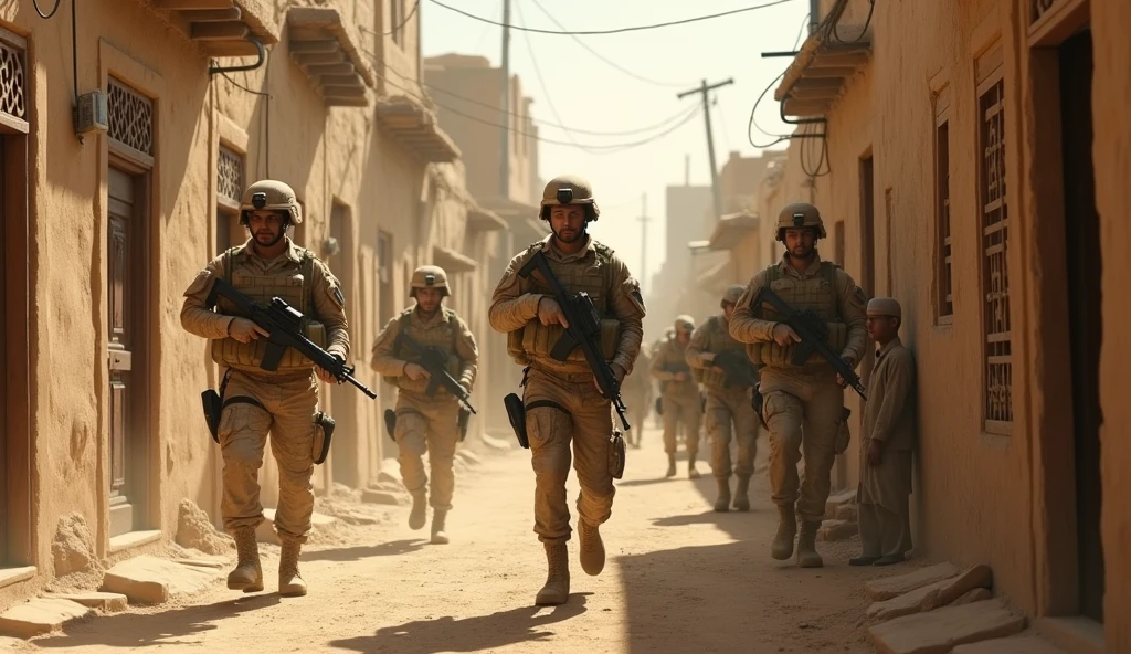 American soldiers walk through the streets between houses in Afghanistan