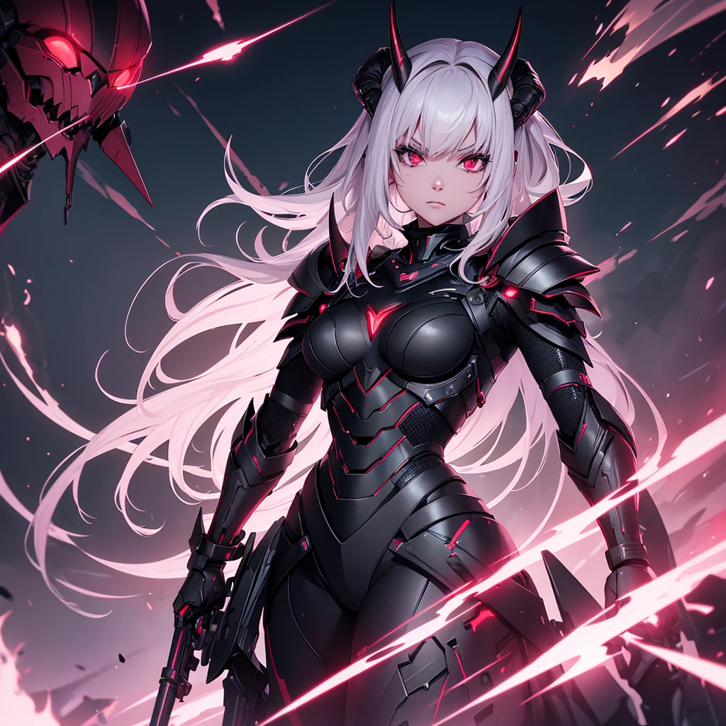 Create a female alien. She must have a black futuristic armor with red details, She must have the face of a 30 year old girl and be serious. She has to have horns like demons.
