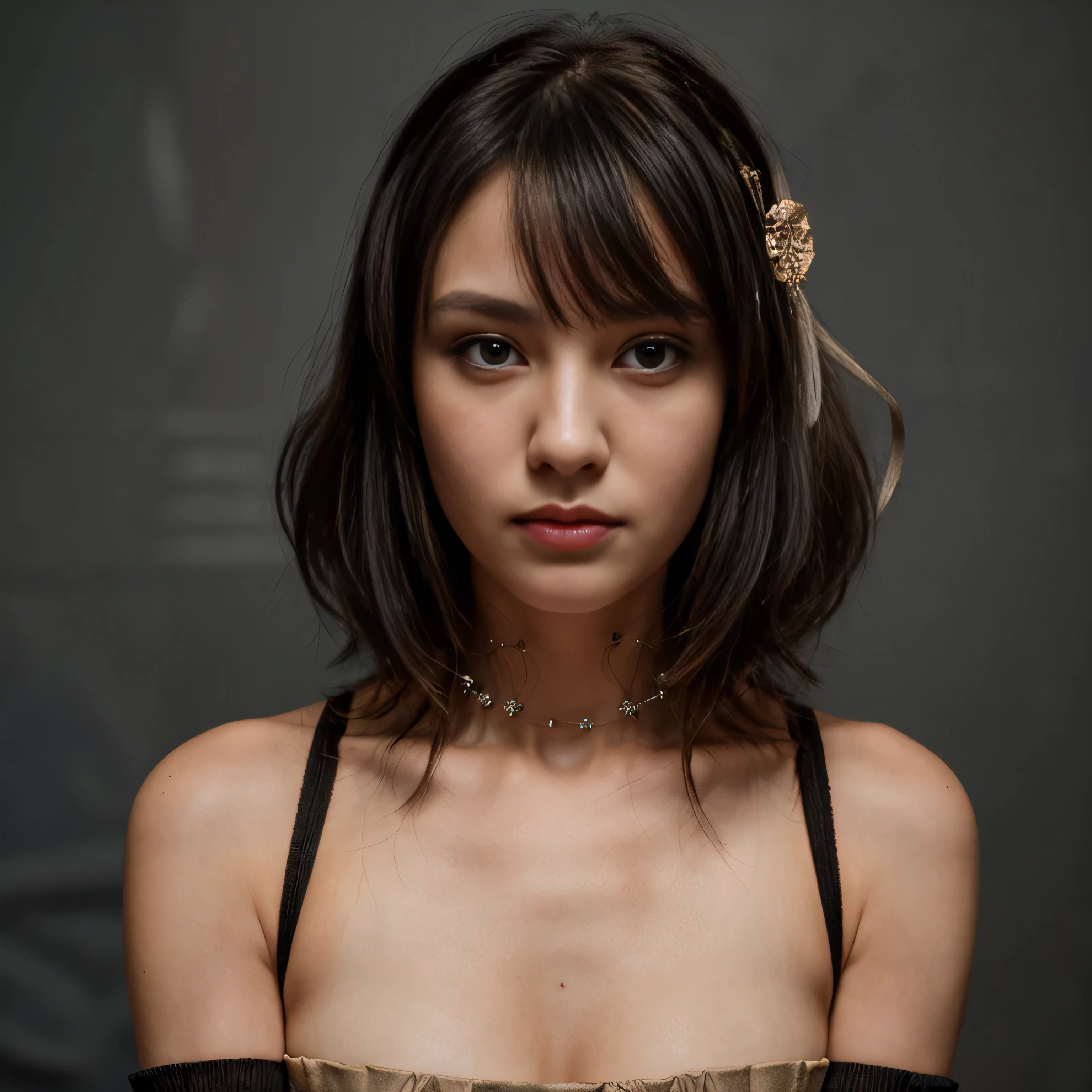 best quality, (photorealistic:1.2), 1girl, solo, detailed face, face focus, standing, black hair,(hair ornament:1.35),office lady, ribbon-trimmed sleeves, detached sleeves, ribbon trim, wide sleeves, (looking at viewer:1.5) long hair, black eyes, bangs, lips,