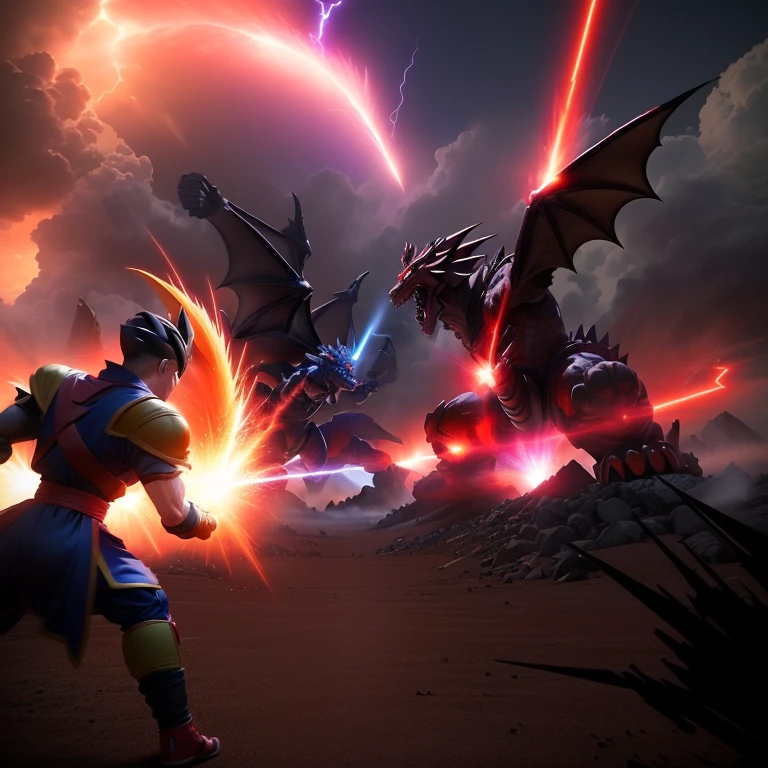 dragon ball battle - screenshote screenshote, intense battle, intense fighting, anime, red spike aura in motion, lightning dragons attack, battle with dragon, dynamic!!, menacing!!!, pokemon fighting at world war 2, anime”, guggimon, pokemon anime style, kaiju battle, avatar image, intense combat, pokemon military drill