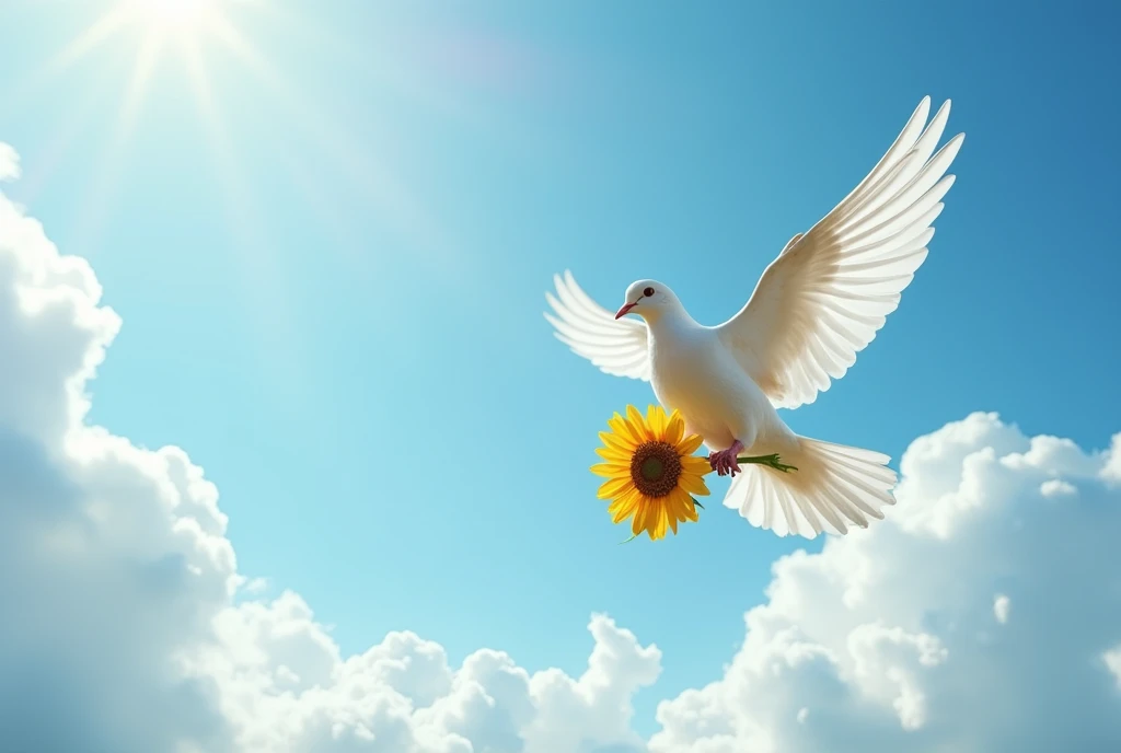 A dove carrying sunflower flying in sky with clouds