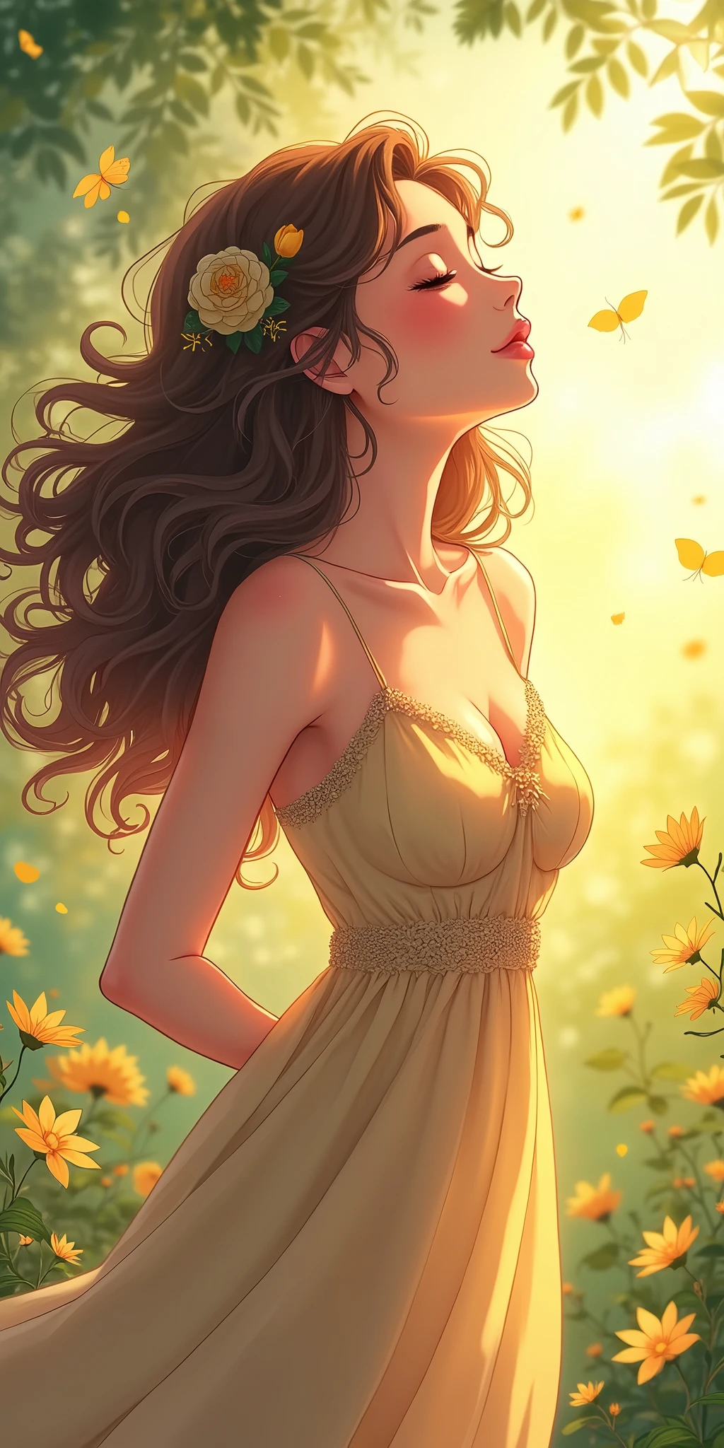 (best quality, ultra-detailed, photorealistic: 1.39), bright and vibrant colors, studio lighting, romantic expression, Create an image of a cute girl with cuteness and innocent with full of body figure having good boobs and curly hairs ,giving a flying kiss and big a beautiful pose demonstrating the your love for nature, anime style