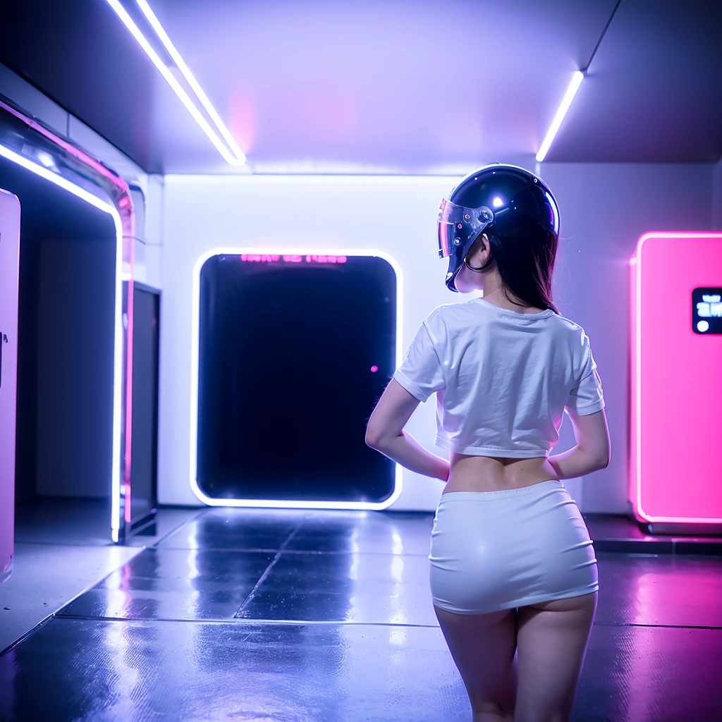 medium range shot of a girl wearing a chrome helmet, seen from behind, reflecting in a mirror, neon light, anamorphic reflections, in a public toilet, masterpiece, award winner, cinematic, hyper-realistic, 8k.
