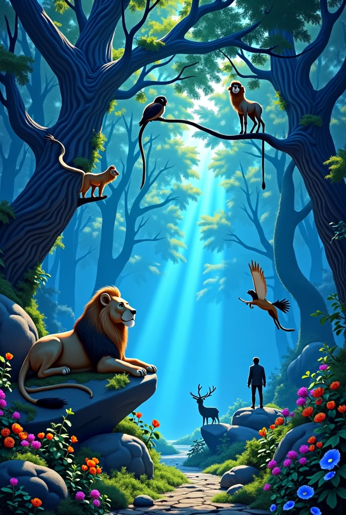 Create an image with an animal kingdom theme, with various animals in a kind of blue forest with lots of trees