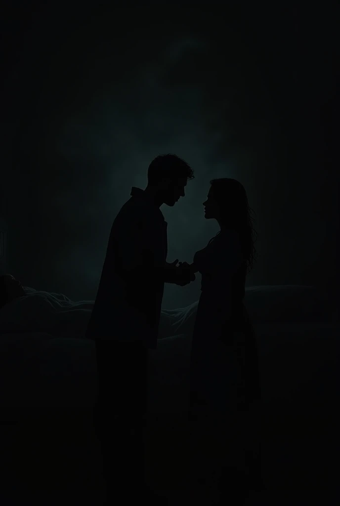 Dying mother with her grown son beside her pitch black silhouette 