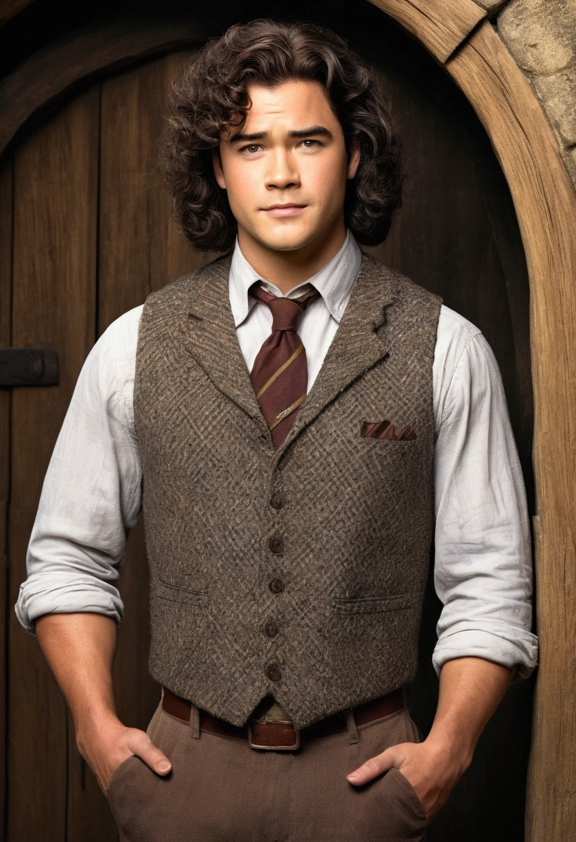 An illustrated movie poster, hand-drawn, full color, a Hogwarts Professor, 21 years old, male, brown eyes, brown-black hair, voluminous curly mane, suntan complexion, medium height, broad shoulders, stocky frame, muscular, rugged scruffy appearance, lots of body hair, resembles Dean Cain, wearing a tweed vest and slacks, standing outside of Hagrid's Hut, hard shadows, graphite shading, stencil marks, airbrushed acrylic paint, masterpiece, in the style of the Deathly Hallows