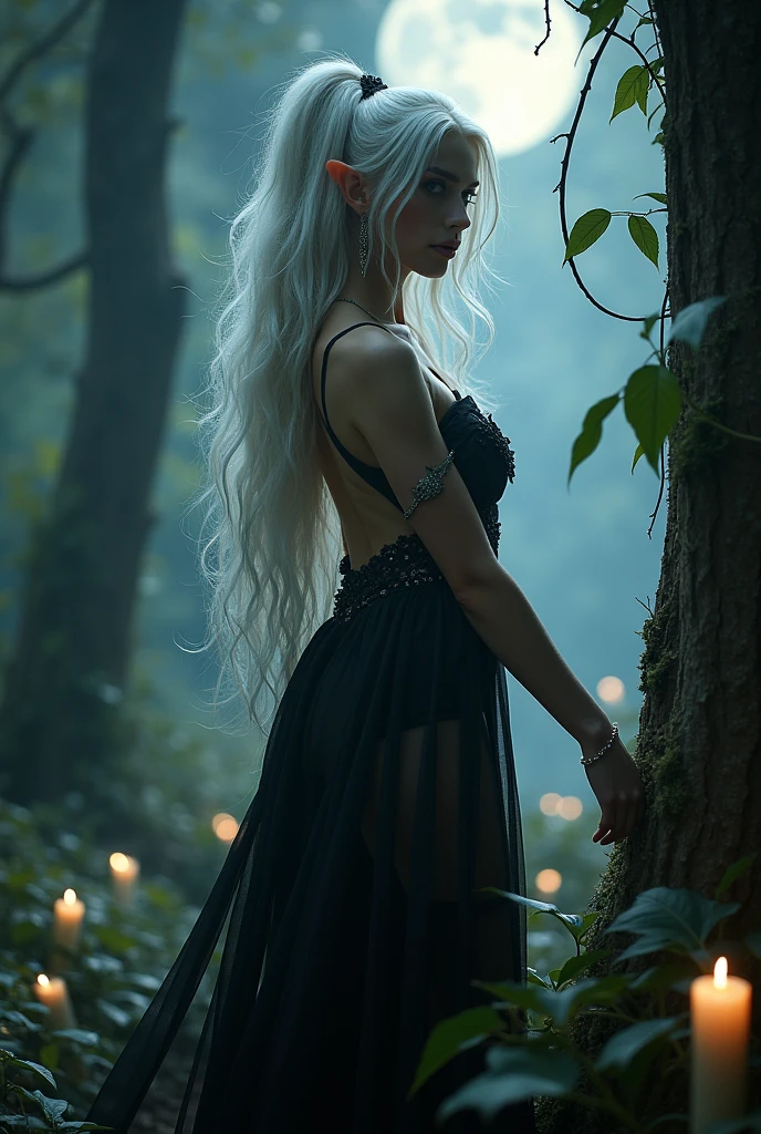 Elf as succubus without fly and black shorter  clothes. light skin.  white highlights  hair. without horns on the head. Without Horns. Sexy. Without horns. Sexy. big boobs. Witch. Bad. bigger breasts 