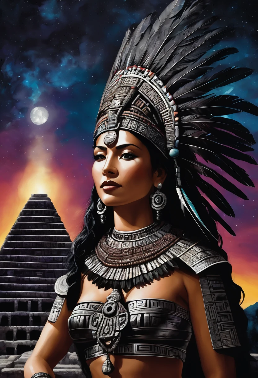 Clothingless Mayan priestess with elaborate feathered headdress, obsidian stone jewelry atop a Yucatan Mayan pyramid on a starry moonlit night, arms raised to the sky, very beautiful face Mexica. Serene stellar cyberpunk. Beautiful night lighting from the Mesoamerican periodrealistic, detailed, historical, perfect image, distant view of dark jungle.