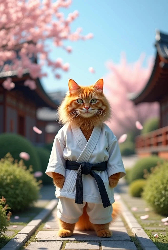 Cat wearing karate uniform in Japan area is preparing to practice --ar 16:9