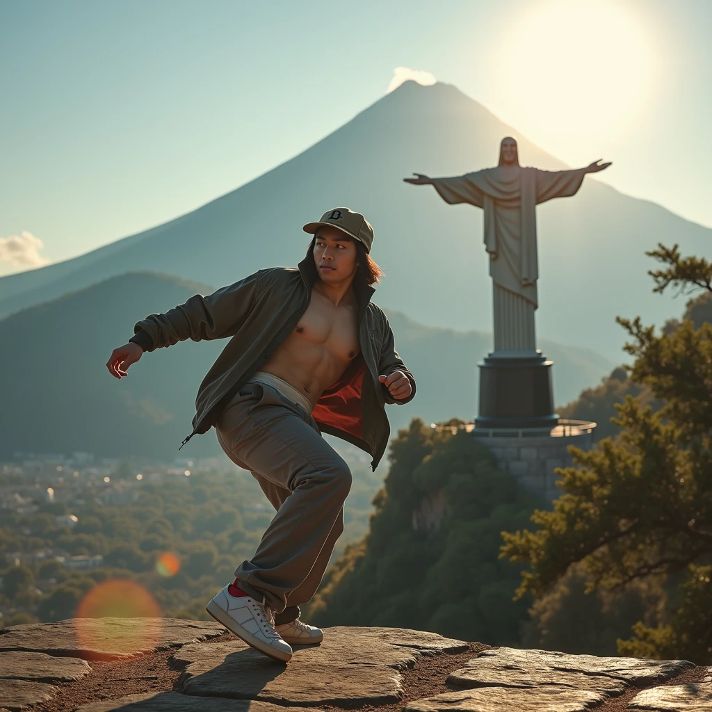 Japanese Bboy dressed in hip hop clothes, performing a breakdance move in front of Christ the Redeemer in Rio de Janeiro , with the volcano in sharp focus and the background blurred, creating a cinematic atmosphere. The bboy's pose should convey strength and dynamism, contrasting with the serenity of the mountain. dramatic lighting, with sun rays hitting the bboy and Mount Fuji, Enhancing the Scene. Visual Style: アニメ, cinematographic, realisitic.