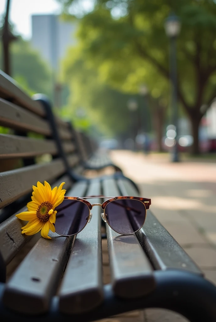 Park bench, with sunglasses and a flower on top, in the city of Rio de Janeiro, Brazil. Photograph taken with the iPhone camera in a naturally lit environment, high resolution image but maintaining a touch of reality without exaggerated filters.