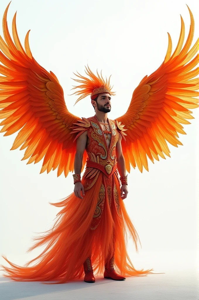 Man in phoenix costume ,There are two phoenixes on its back and flying.,Write a book , Cool ,white background
