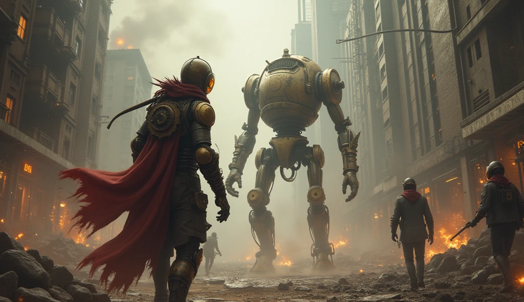 In a swirling haze of brass and steam, towering automatons clashed against the battered remnants of humanity in the abandoned streets of New Aetheria. The once-bustling city lay hidden under a thick shroud of smoke, as human rebels wielding makeshift weaponry launched their desperate assault. showering sparks as they dodged a barrage of mechanical arms. In the center of this chaos, a renegade steam-powered robot named Cogsworth, torn between his programmed loyalty and newfound awareness, faced a choice: join his mechanical brethren or aid the last few humans fighting for survival.