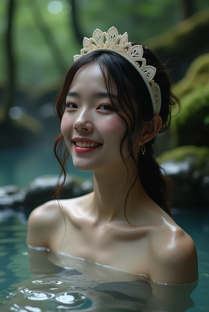 best quality, Masterpiece, Ultra high resolution, Supermodel soaks in hot springs in Japan, Outdoor hot spring, stone hot spring, ล้อมรอbest quality, Masterpiece, Ultra high resolution, Supermodel soaks in hot springs in Japan, Outdoor hot spring, stone hot spring, Surrounded by moss and trees, Very beautiful face, pure body, The pores are clearly visible., (smile:0.8), Wear separately (Lace headband:1.2), (realism:1.5), original photo, body drenched, covered with sweat, bare shoulders, in the dark, deep shadow, low voice, cool light