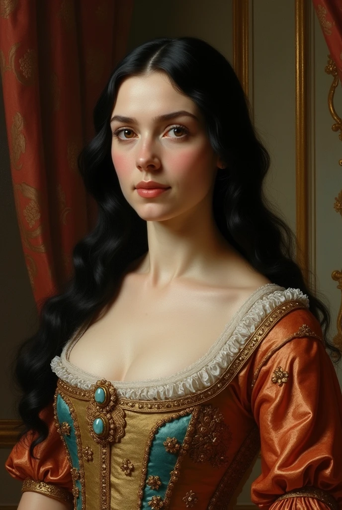 woman, European, black hair, long to the shoulder, 45 years old, portrait from 1789, French royalty.