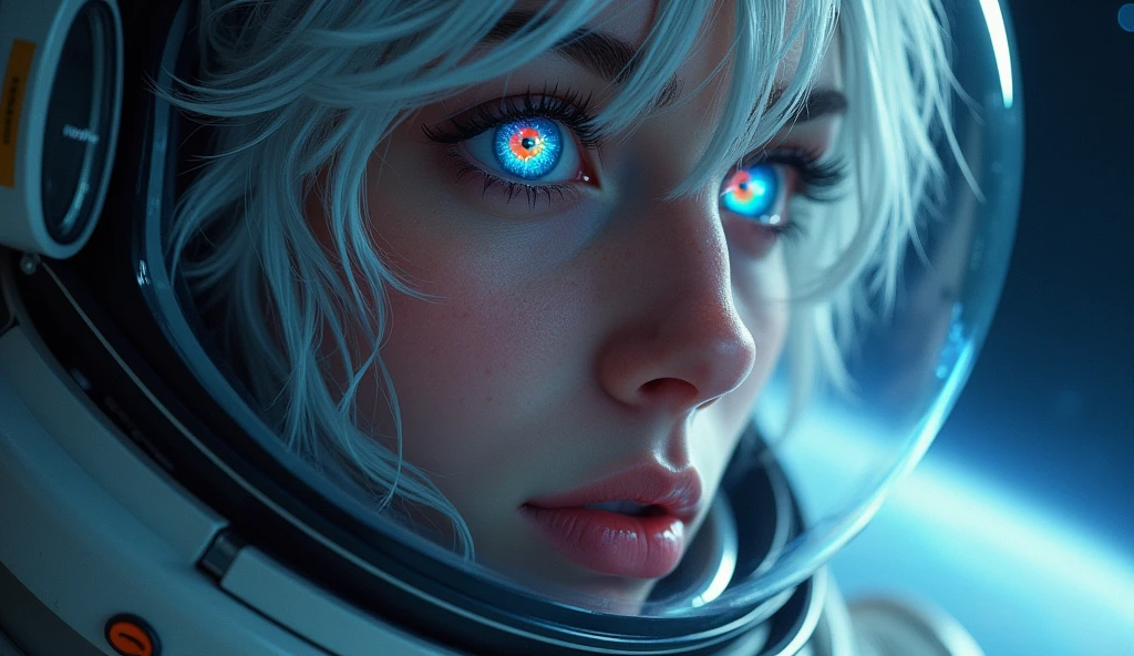 (Close-up of a better masterpiece:1.5)0.9], (Space and astronauts:1.2) (Messy silver hair:1.1) (Heterochromia xanthochromia and blue eyes:1.2) (Space Helmet:1.0) (Colored stars in the eyes:1.0) (A radiant glow:1.1) (thick lips:0.9)