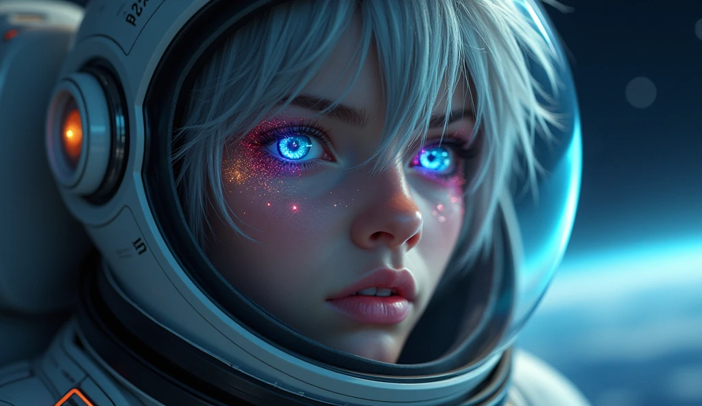 (Close-up of a better masterpiece:1.5)0.9], (Space and astronauts:1.2) (Messy silver hair:1.1) (Heterochromia xanthochromia and blue eyes:1.2) (Space Helmet:1.0) (Colored stars in the eyes:1.0) (A radiant glow:1.1) (thick lips:0.9)