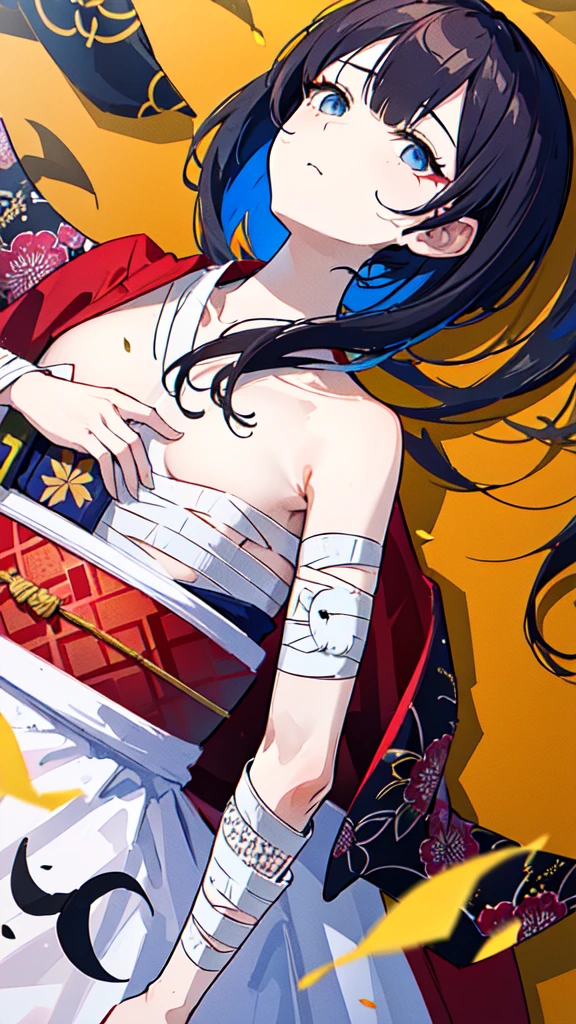 (((((roll up bandage sideways on a chest tightly to cover the chest without gaps))))), (((bandage samweways))),, ((Japanese Gangster BOSS)), adult woman with the dignified presence, Killing Qi, wear nothing around shoulder, wear nothing around neck, wear the kimono, wear it below the waist, I wind it up to control it, and to attach it, ((kimono come off)) ,wear the kimono multiple times, black and gold kimono, put on over jacket of kimono, there is a japanese sword, The handle of the sword, long sword, low angle, whole body, anime character, Glaring, off sholder, Excellent, can see both shoulder, long kimono hem, small face, big tattoo on the arm,muscular,drink sake, The kimono is spreading,ultra-detailed,super beautiful,Masterpiece,Killing Qi,Intimidation, a person,Selfish person,Ginkgo biloba pattern,Under the trees with autumn leaves,tall,Imposing,colorful kimono,vanpire woman,((Circular tattoo on the back)),can see back