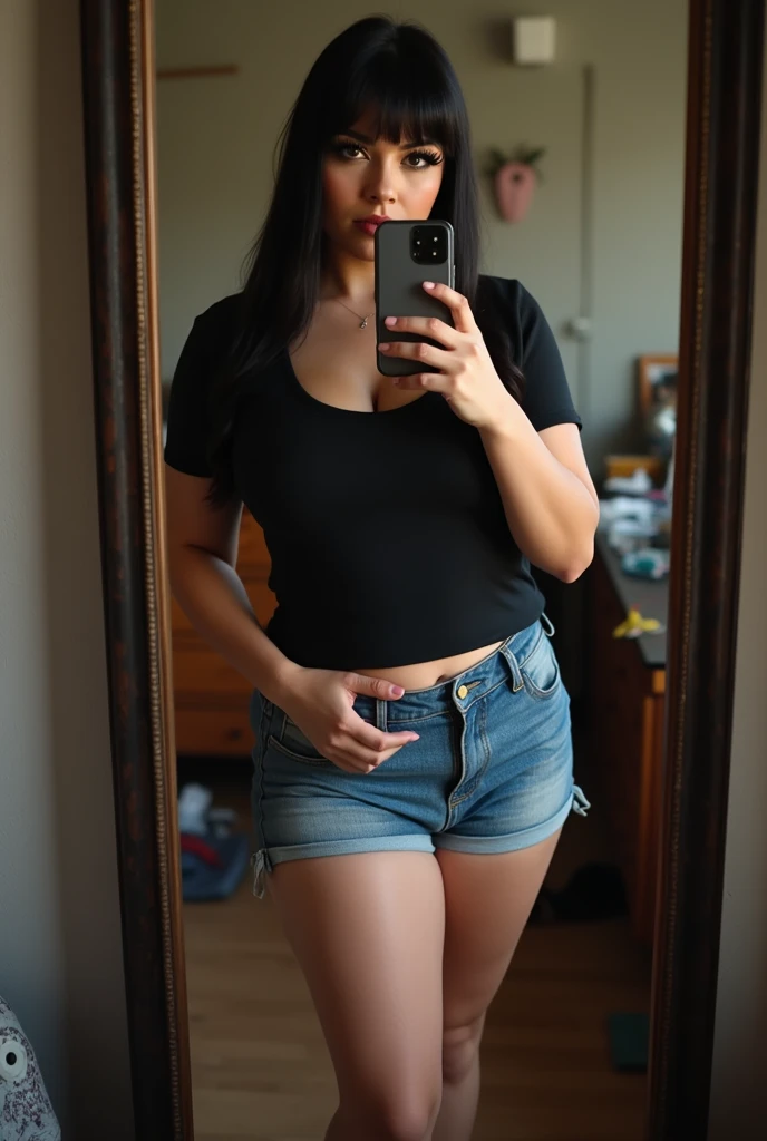 Who was an image of a curvy but not fat girl?, but with big breasts who is taking a photo in a mirror with her iPhone 10, The girl should have straight bangs above the eyebrows and very straight, dark hair down to the waist..., You should also have Russian volume eyelash extensions.., From behind you can see his poor and messy room..., She should be dressed in shorts and a black coat., Low-cut T-shirt., and some converse sneakers. The girl must have a confident and seductive attitude.. The image must be very realistic and the aesthetics must be similar to that of the turras...