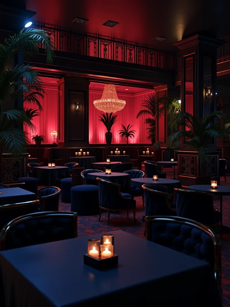 there is a room with tables and chairs, detailed an empty jazz cafe, ballroom background, random background scene, neo - noir setting, red room, nightclub, stage background, vip room, rich atmosphere, theatrical scenery, theater stage, empty stage, palatial scene, fancy restaurant, rich cinematic atmosphere, va-11 hall-a