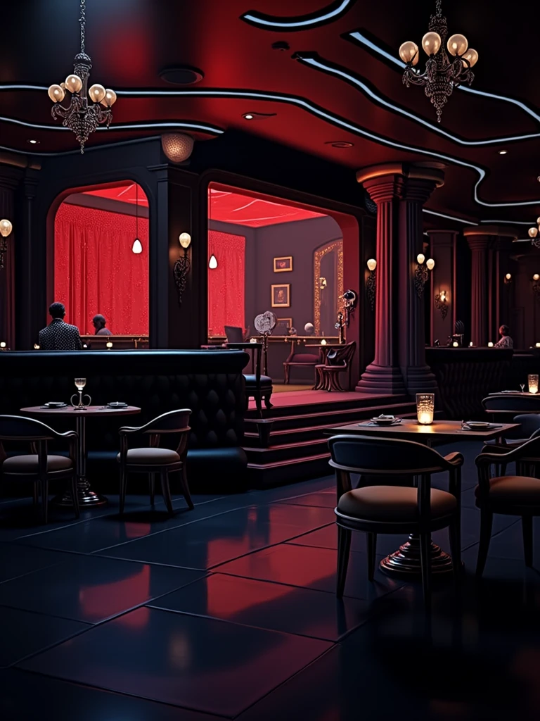 there is a room with tables and chairs, detailed an empty jazz cafe, ballroom background, random background scene, neo - noir setting, red room, nightclub, stage background, vip room, rich atmosphere, theatrical scenery, theater stage, empty stage, palatial scene, fancy restaurant, rich cinematic atmosphere, va-11 hall-a