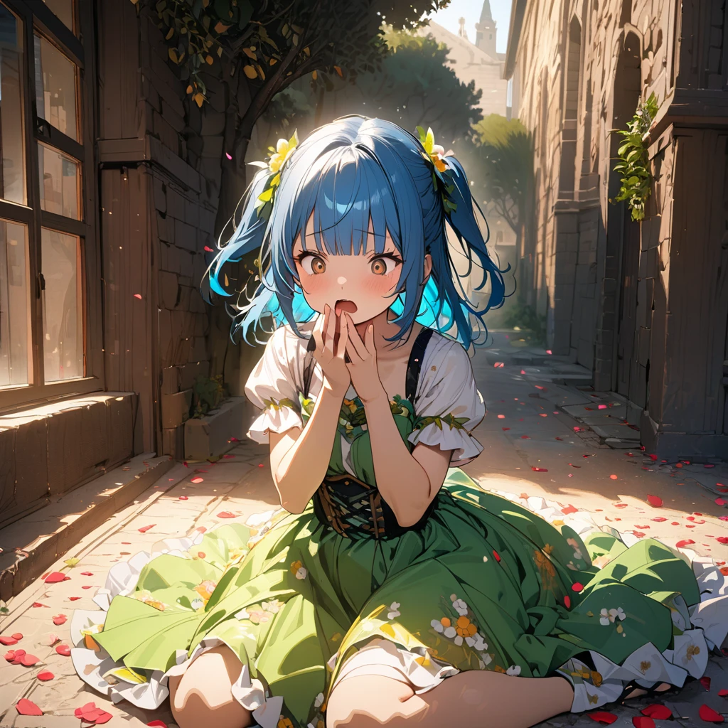 1 idol,solo,17yo,wearing floral ball gown,ultra-detailed face,detailed eyes,brown eyes,blunt bangs,blue hair,two side up,wariza,yawning,one hand over own mouth,stunned,Looking down,parted lips,rim light,out doors Countryside of fragrant olive tree,(petals:1.3),1 Clock tower,highly detailed illustration,masterpiece,8K,top quality