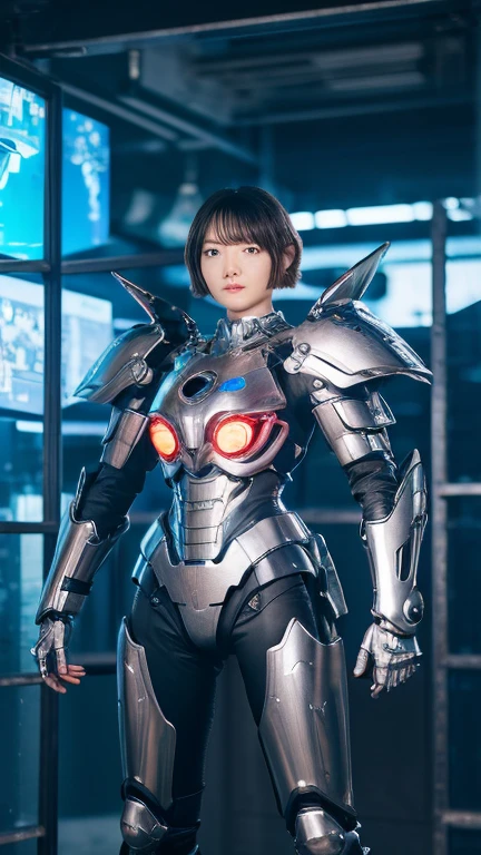 Highest quality, masterpiece, shape, (Realistic, photo-Realistic:1.37), wonderful, In detail, Unbelievably absurd, Very detailed, High resolution, Very detailed CG Unity 8k , Very detailed目と顔, Ray Tracing, The cyborg girl is pure.,She is wearing a mecha armor jacket.。.。..。.., Exposing most of her flawless skin. Added armor details to shoulders and head.、wonderfulハイライトがいくつかあります, Tech Panels and Mechanisms. She stands against a futuristic cityscape lit up with vibrant neon lights........、Standing full of energy。.