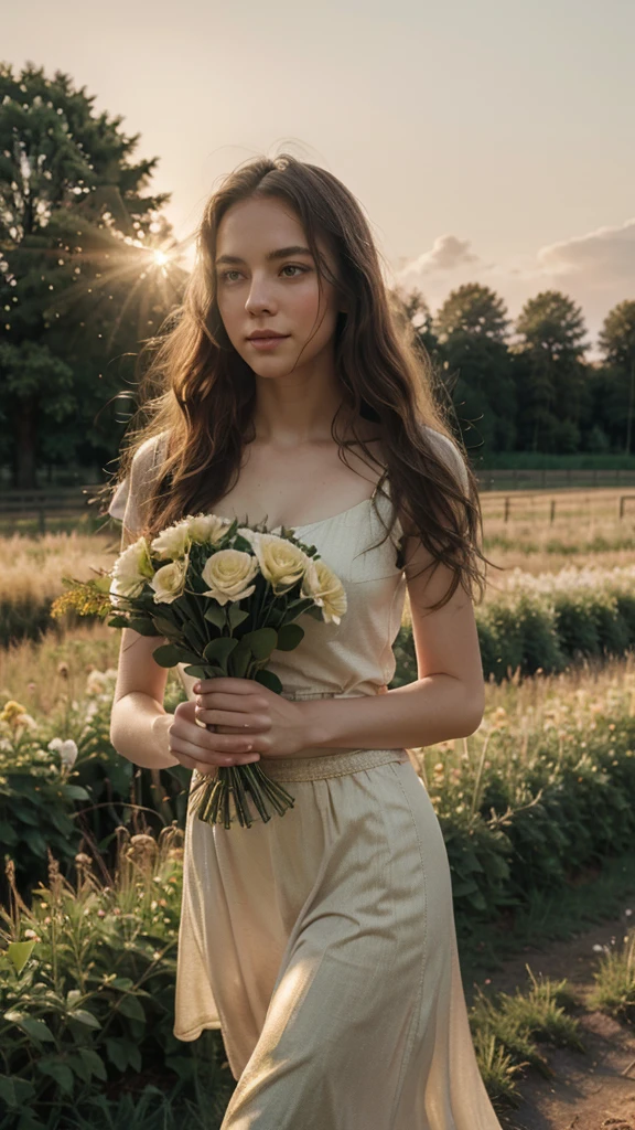 Profesional photo, outdoor portrait photography of a joyful young woman, pale skin, good skin texture, realistic texture, tall and tin, holding a bouquet of fresh flowers during golden hour, with the setting sun casting a warm, young woman, sporti body, wavy hair, brunnet, green eyes, skinny, long legs, glowing light over rolling fields and the long shadows of trees creating a peaceful mood, overexposed, 30 mm