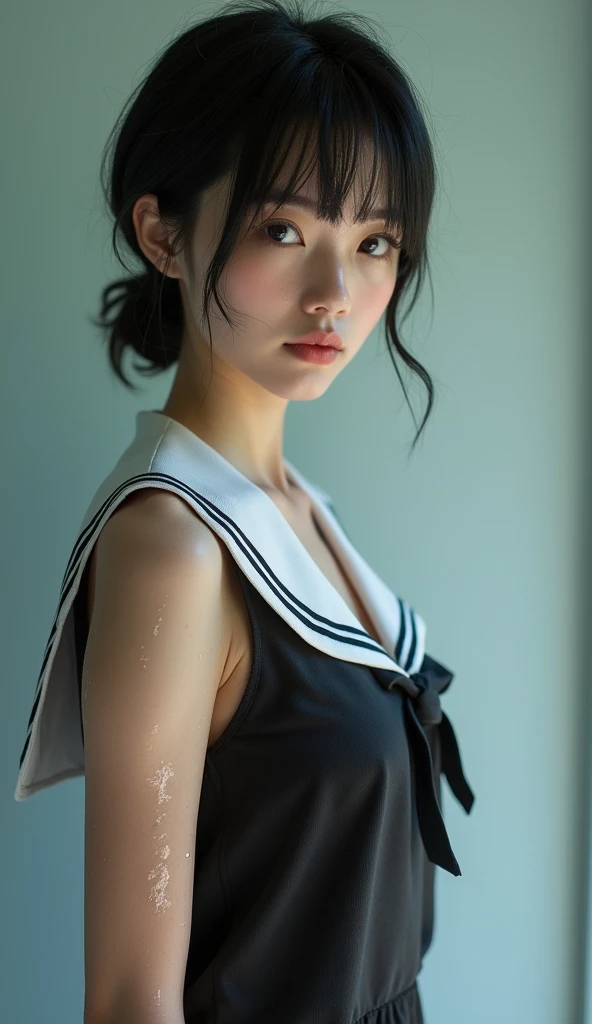 Realistic glowing skin, (sweating:1.8),Stand backwards,Look back at your face,Always look at the camera, (When the uniform gets wet with sweat, it becomes transparent..:1.6),(sweating:1.4),(Nipples are visible:1.9),,(whole body:1.8)
Classic black and white sailor uniform,Summer clothes,Cold look,Cold Stare,Black Hair,short hair,Tie your hair short,Silky translucent white skin,best Realistic depiction,(Very detailed美しい顔), Great face and eyes, (Highest quality:1.4), (Very detailedな), (Very detailed CG 統合 8k 壁紙), Very detailed, High resolution raw color photos, Professional photography, Realistic portrait,
(少女のwhole bodyの詳細なRAW写真), Canon EOS R5 250mm, Sharp focus, Cinema Lighting, (No makeup:1.2), Fine skin, Delicate collarbone,Fine texture of the sailor uniform,Very Realistic sailor uniform texture,(Ultra-high resolution:1.6), (Realistic:1.6),