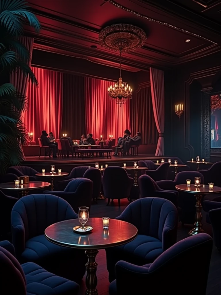 there is a room with tables and chairs, detailed an empty jazz cafe, ballroom background, random background scene, neo - noir setting, red room, nightclub, stage background, vip room, rich atmosphere, theatrical scenery, theater stage, empty stage, palatial scene, fancy restaurant, rich cinematic atmosphere, va-11 hall-a