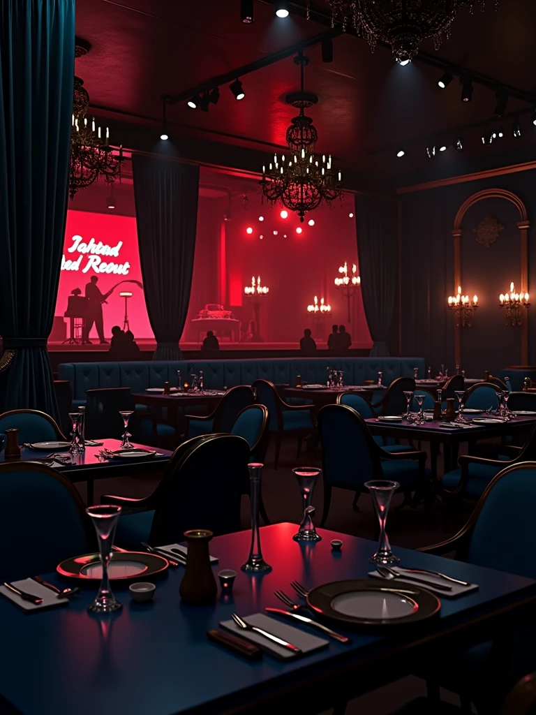 there is a room with tables and chairs, detailed an empty jazz cafe, ballroom background, random background scene, neo - noir setting, red room, nightclub, stage background, vip room, rich atmosphere, theatrical scenery, theater stage, empty stage, palatial scene, fancy restaurant, rich cinematic atmosphere, va-11 hall-a
