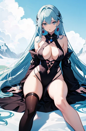 Anime, woman, hair is long to legs, pale blue hair, odd color pink and blue eyes, cool, earrings, big boob, wearing a black dress, beautiful, elegant, pure, fantasy,