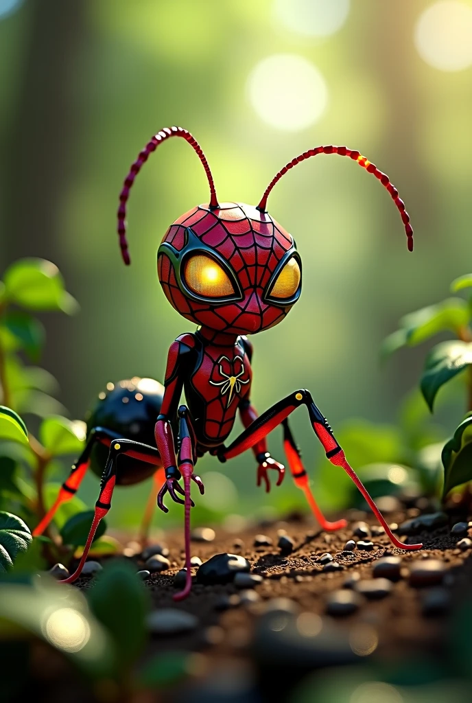 Ultra realistic 3D animated image of an ant wearing a complete Spiderman costume according to the original colors, red black, gold yellow, Spiderman head, glowing eyes, shady forest background, image focused on the object