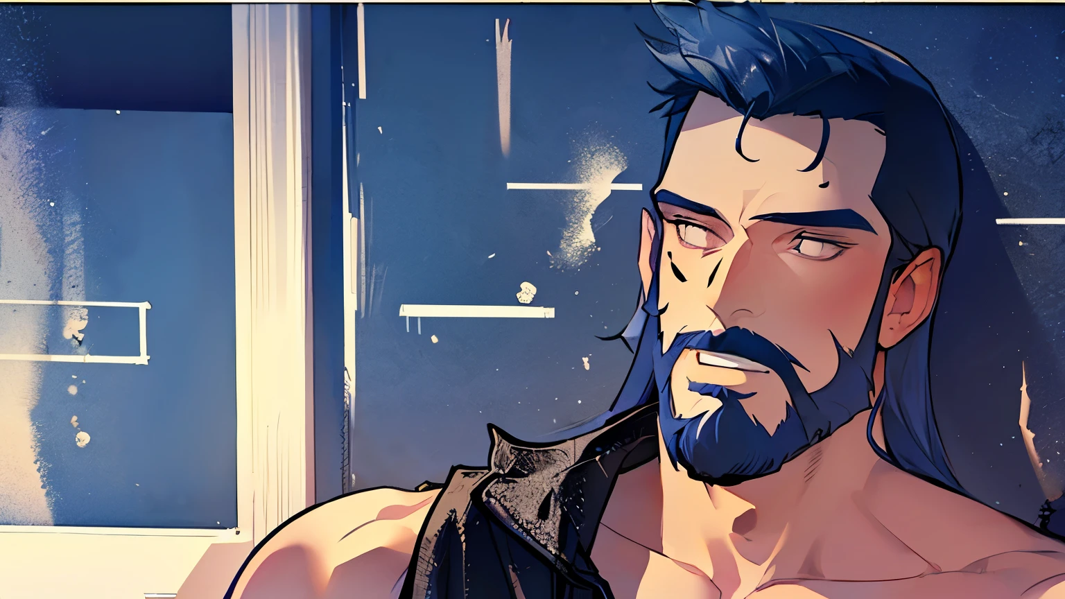 A muscular man with a beard is drawing a rune on the wall with blue paint, dynamic scene, Sleeve seinen style