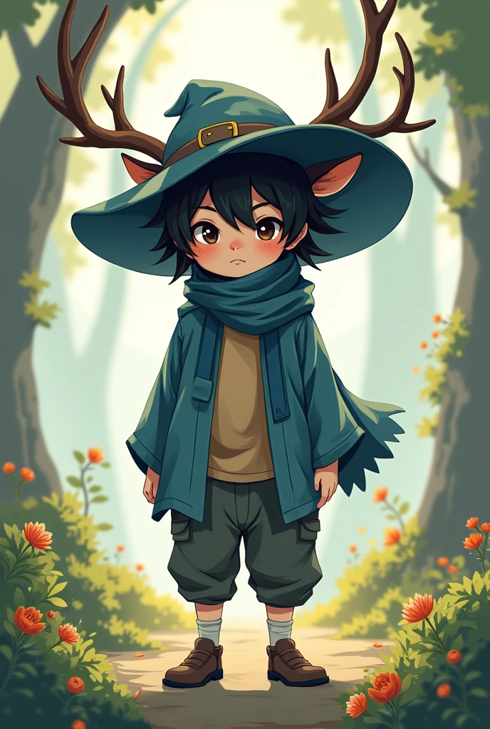 Anime, enfant garçon à moitié rennes , cheveux noirs, pourvoir de la transformation d’animaux, gros chapeau bleue, petit habits,