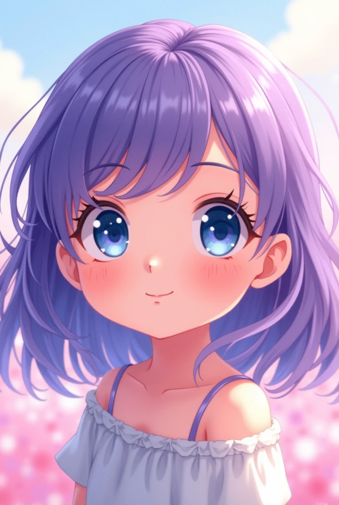 A baby girl with purple hair and blue eyes, anime