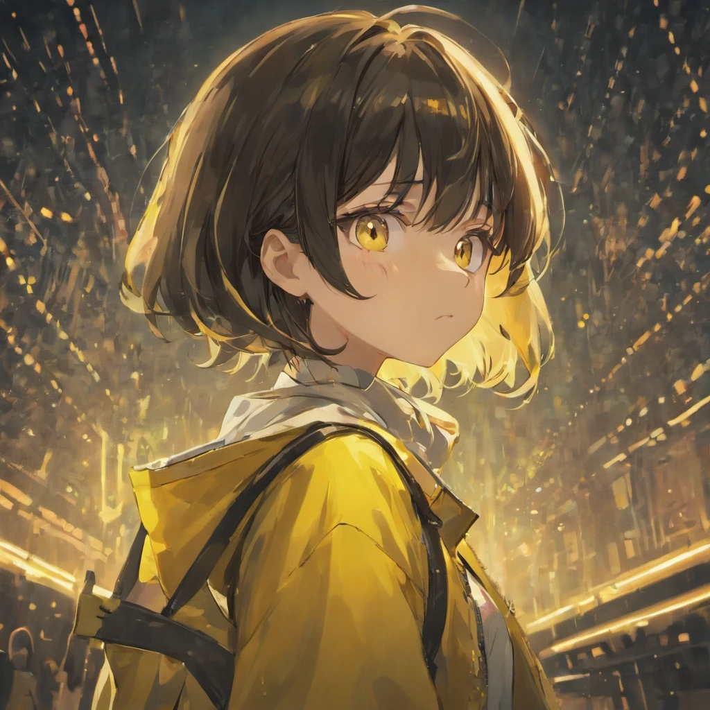, Yellow Jacket, Put your hands in your pockets, Gazing at Other People, Long black hair, heterochromatic eyes, heterochromatic eyes, Heterochromatic pupil, 8k resolution, Very detailed, Anatomically correct, Digital Painting, Concept Art, Makoto Shinkai style, Clear images,