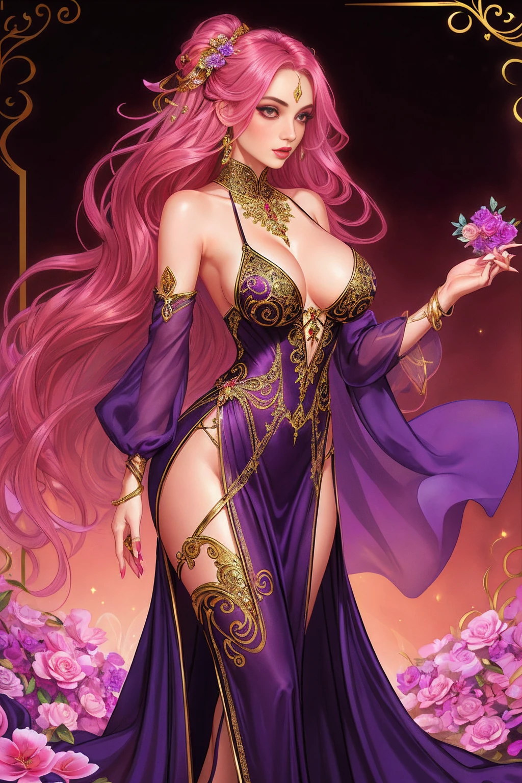 1girl, long_hair, bright_hair_color, seductive_eyes, mysterious_expression, mature_appearance, glamorous_outfit, flowing_dress, elegant_jewelry, intricate_embellishments, magic_symbols, glowing_accessories, potions, scrolls, cute_accents, bows, ribbons, flowers,