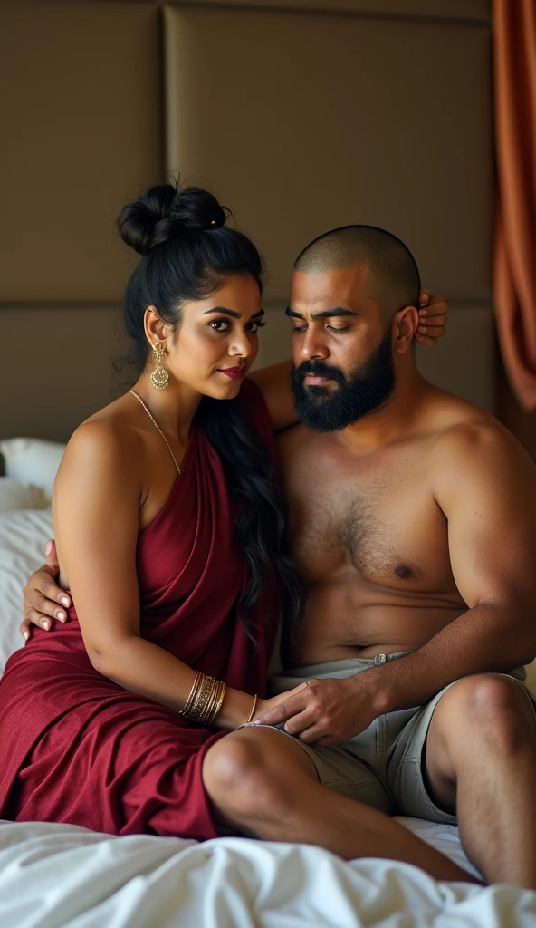 Newly wed indian couple, hot curvy south indian thick milf with messy bun hairstyle, big breast, big hip, big ass, thick thighs, woman wearing silky saree, indian couple, very short indian brown man with buzz cut, very big muscular body and beard, man wearing shorts, woman with man, couple in a big bedroom, high resolution, looking at camera, tall woman and short man, close-up potrait, Closed Mouth, man pulling woman hair, serious face, couple sitting in bed, front view